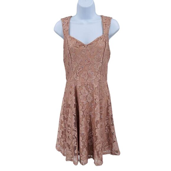 Mystic Pink Lace Sparkle Fit & Flare Mini Dress Womens Medium Sleeveless Cut Out - Picture 1 of 8
